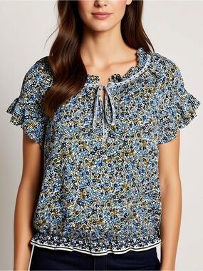 Max Studio Shirt Women Size Large Blue Floral Ruffle Spring Lightweight